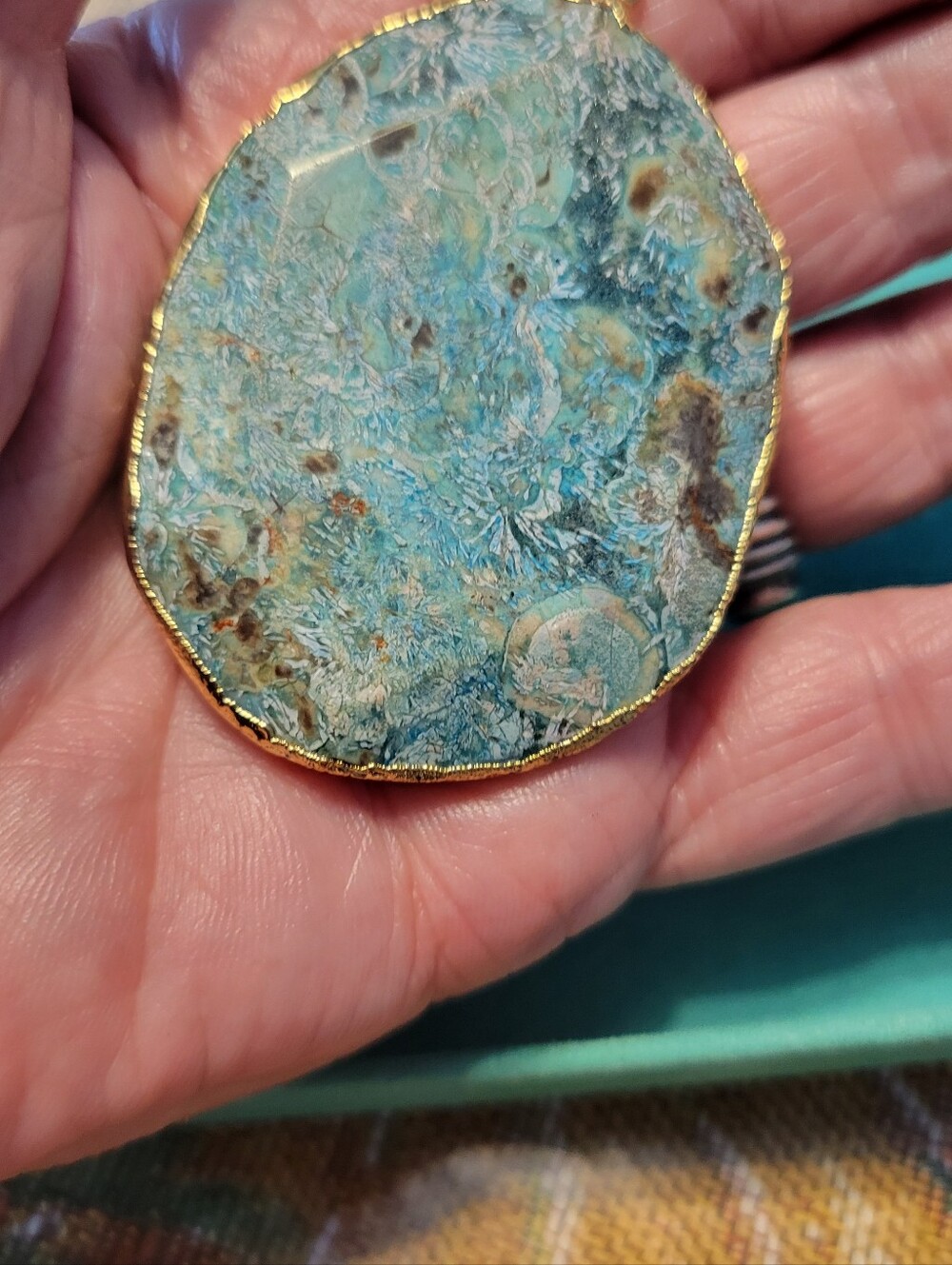 Blue-Green Agate Slice Pendant with Gold Edge